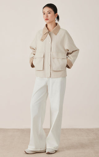 Beige stand-collar cotton-wool jacket with flap pockets and long sleeves, full look