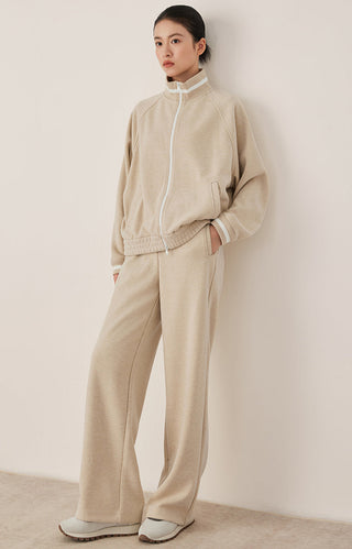 Khaki cotton-blend zip-up track jacket with striped ribbed collar and cuffs