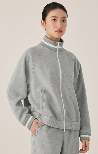 Gray blue cotton-blend zip-up track jacket with striped ribbed collar and cuffs