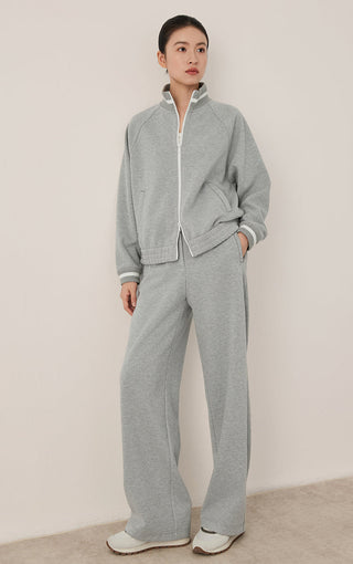 Gray blue cotton-blend zip-up track jacket with striped ribbed collar and cuffs