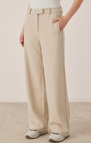 Cotton-blend wide-leg pants, khaki/beige, belted waist with front button closure.