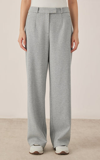Cotton-blend wide-leg pants, gray-blue, relaxed straight legs with belt loops.