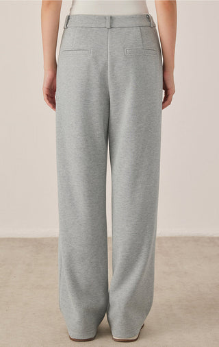 Gray-blue wide-leg pants with buttoned waistband and side pocket openings.