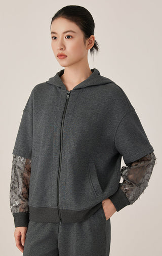 Sequin-Trim Women’s Hooded Zip Jacket with Sheer Mesh Sleeves