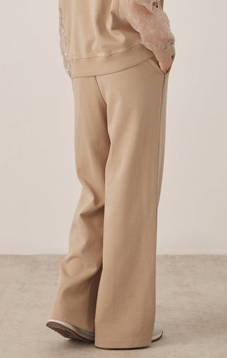 Khaki wide-leg drawstring pants with side seam detail and wide trouser leg