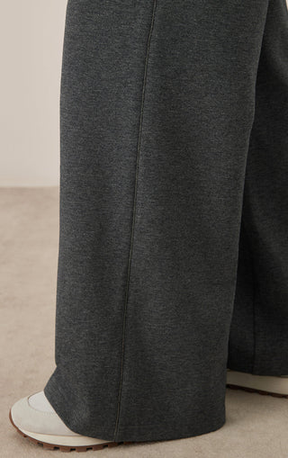 Dark gray wide-leg pants, visible side seam and wide straight hem opening