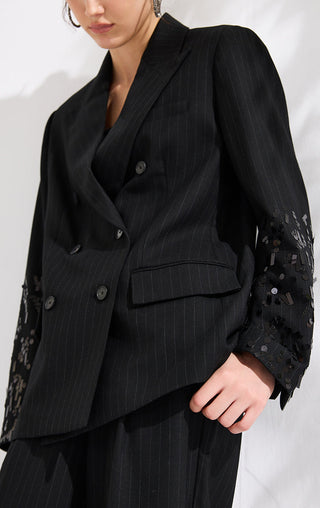 Black pinstripe double-breasted blazer with front buttons and sequined sleeve detail