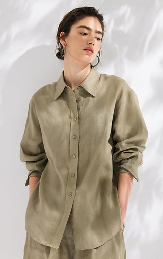 Army green linen point-collar button-up shirt with long sleeves