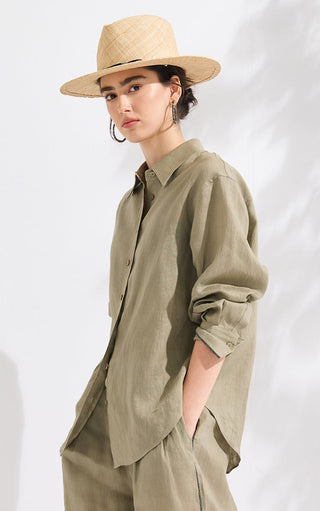 Army green linen point-collar button-up shirt with long sleeves