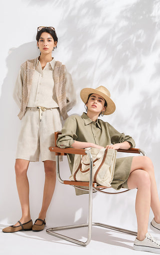 Two-toned styling: beige and army green linen point-collar button-up shirts