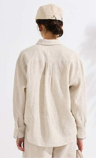 Back view of beige linen point-collar button-up shirt with long sleeves