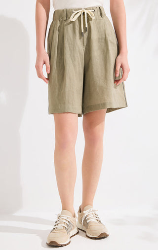 Army green linen wide-leg shorts with drawstring waist and relaxed pleated legs