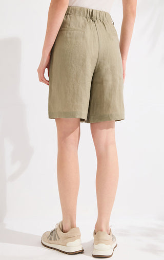 Army green linen wide-leg shorts from back view with elastic waist and mid-thigh length
