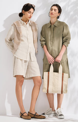 Pair of linen wide-leg shorts in beige and army green with drawstring waists and pleats