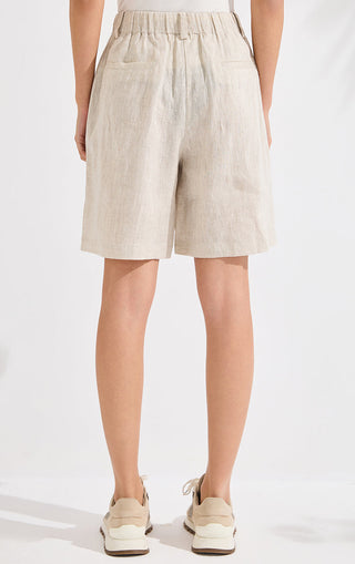 Beige linen wide-leg shorts from back view with elastic waistband and mid-thigh length