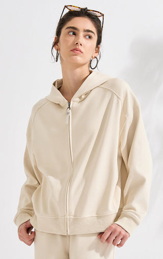 Relaxed Hooded Zip-Up Jacket with Leather Zip Pull - serathinan 