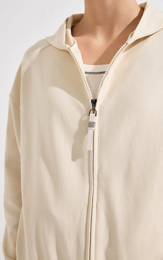 Relaxed Hooded Zip-Up Jacket with Leather Zip Pull - serathinan 