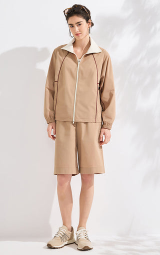 Khaki relaxed zip-up track jacket with elastic cuffs and contrast trim