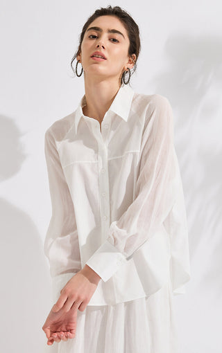 White long-sleeve button shirt with pointed collar and softly gathered sleeve cuff