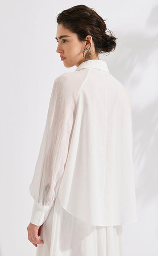 White long-sleeve button shirt, back view with loose drape and straight hem