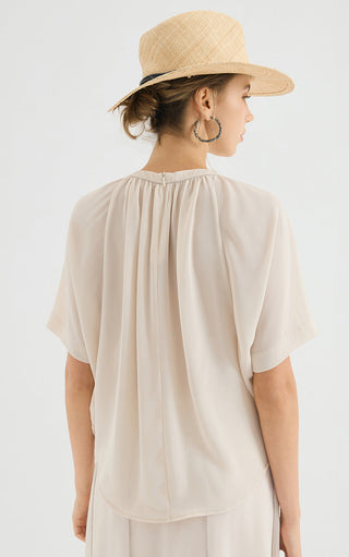 White chiffon blouse back view with pleated yoke and loose short sleeves