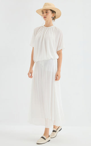 White chiffon blouse with gathered round neckline and short sleeves, relaxed fit