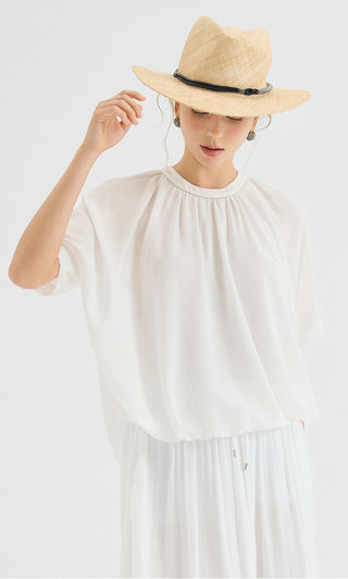 White chiffon blouse close-up front: gathered neckline and soft, flowy short sleeves