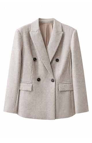 Oatmeal double-breasted wool-cashmere blazer with notched lapels and dark buttons