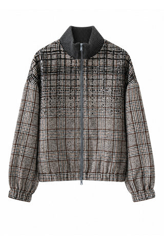Sequin Plaid Wool-Blend Zip Jacket