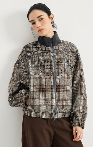 Sequin Plaid Wool-Blend Zip Jacket