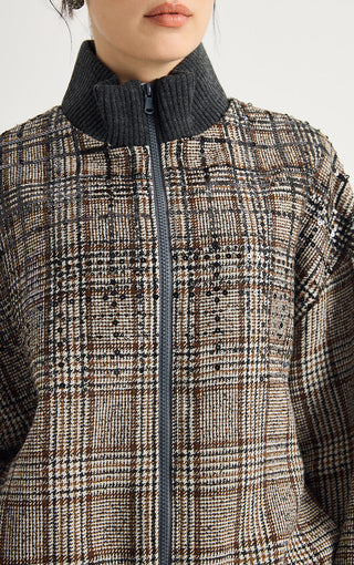 Sequin Plaid Wool-Blend Zip Jacket