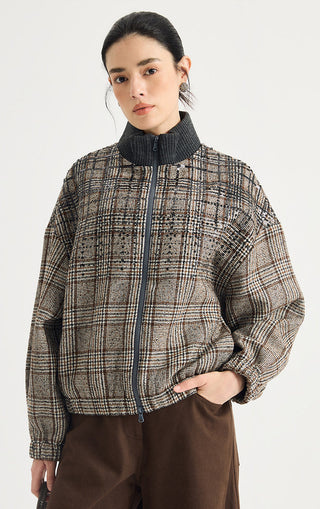 Sequin Plaid Wool-Blend Zip Jacket