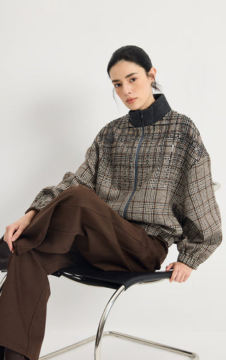 Sequin Plaid Wool-Blend Zip Jacket