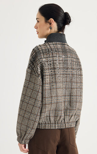Sequin Plaid Wool-Blend Zip Jacket