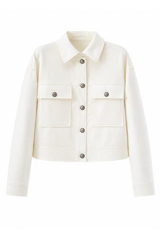 Ivory wool-blend cropped utility jacket with button front and flap chest pockets
