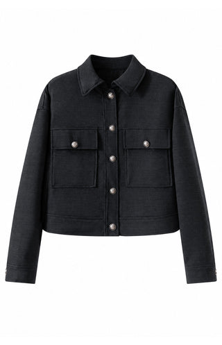 Dark gray wool-blend cropped utility jacket with button front and flap pockets