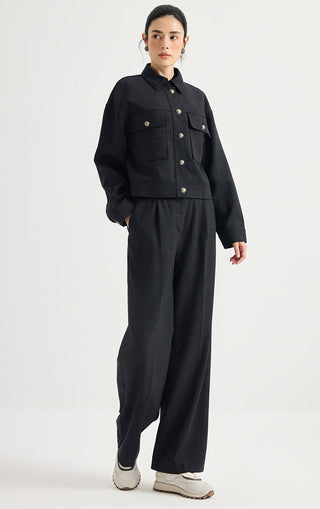 Wool-Blend Wide-Leg Trousers with Beaded Belt Detail