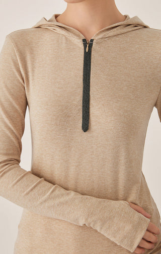 Camel hooded half-zip top close-up of textured beaded zipper trim