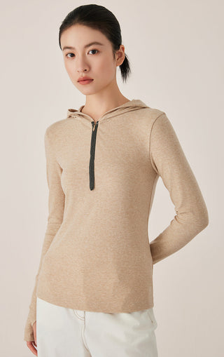 Camel half-zip hooded top with beaded zipper trim and long sleeves