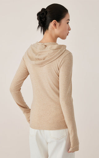 Camel hooded half-zip top, back view with zipper placket and long sleeves