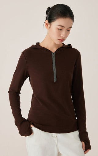 Brown Tencel-wool half-zip hooded top with textured beaded zipper trim
