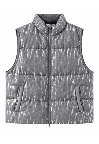 Grey sequin wool-blend down vest with full zipper, stand collar, and side pockets