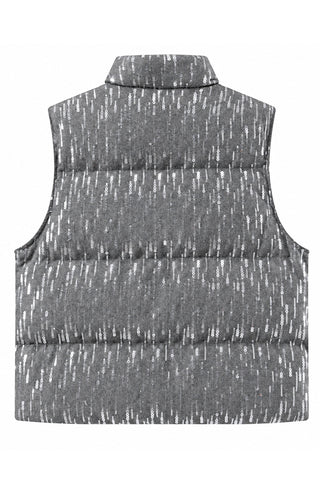 Grey sequin wool-blend down vest, back view with stand collar and quilted panels