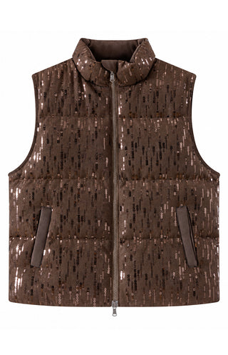 Coffee brown sequin wool-blend down vest with full zipper and side pockets