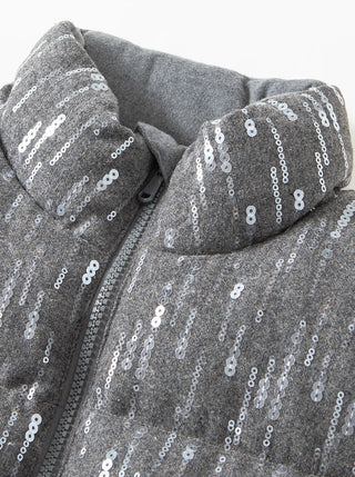 Grey sequin vest collar and zipper detail with dark inner lining