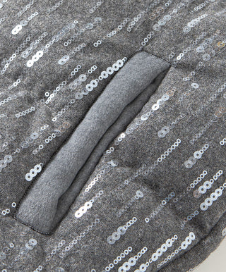 Grey sequin wool-blend fabric with scattered stripe pattern and quilted trim