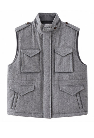 Grey wool-blend utility down vest, zip front, stand collar, four buttoned utility pockets
