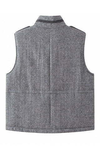 Grey wool-blend down vest with stand collar and vertical zip front