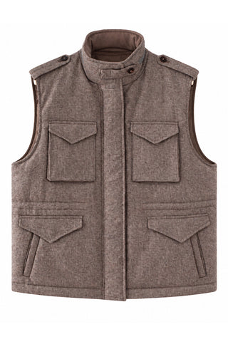 Taupe wool-blend utility down vest with stand collar, zip front, and four pockets