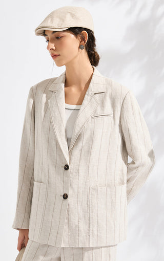 Ramie Blend Relaxed-Fit Striped Blazer